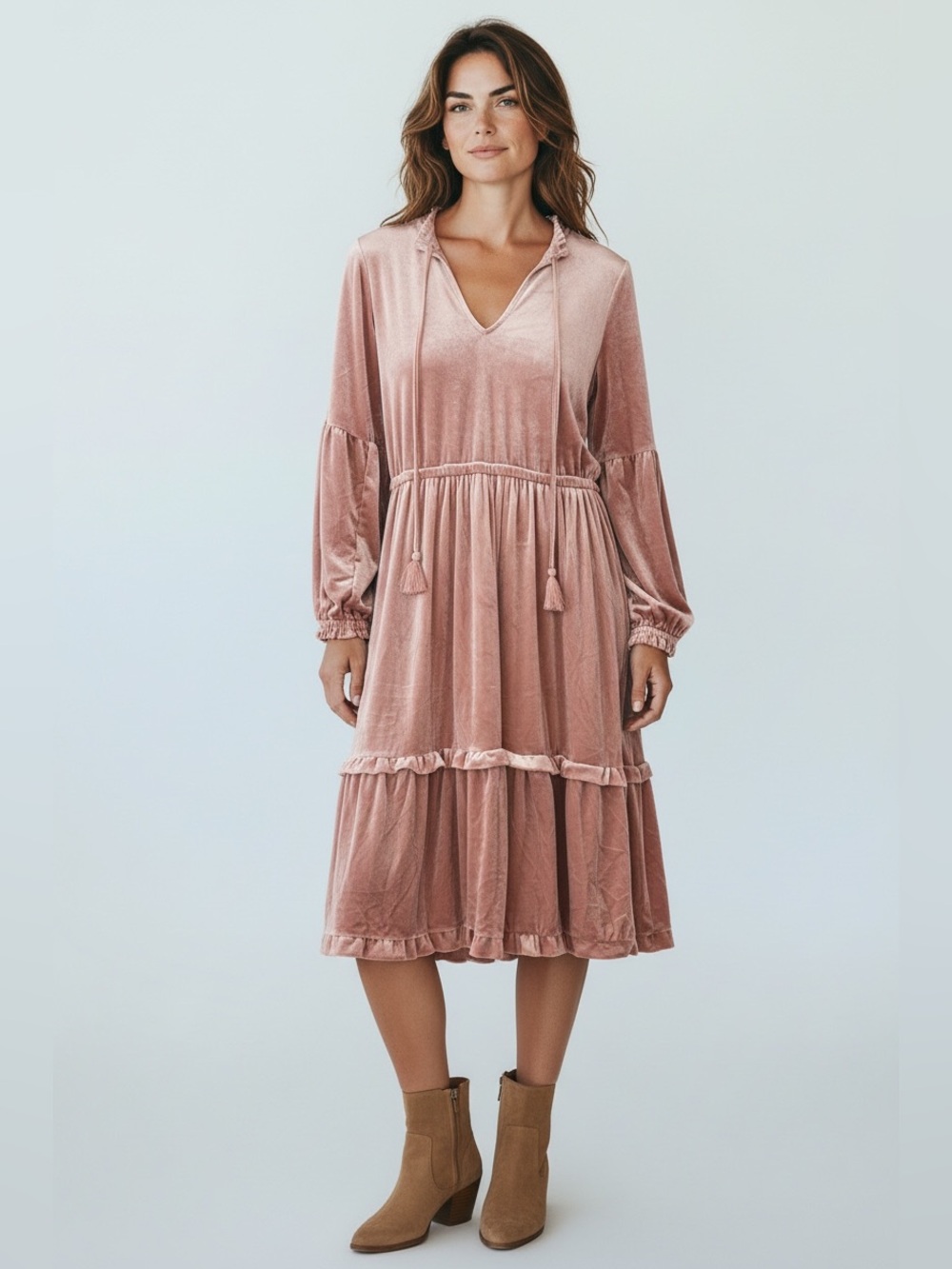 Simply Southern Rose Pink Velvet Tiered Midi Dress